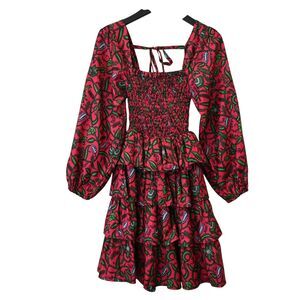 Elisa Mama Floral Mini Dress Size S Small Pink Green Smocked Tiered 3/4 Sleeve
